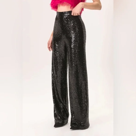 NEW Women’s Sequin Wide Leg Trousers Black M - Picture 10 of 13